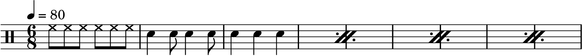 \version "2.20.0"

main = {
   \drums {
      \tempo 4 = 80
      \time 6/8

      <<
      {
         % 镲，预备
         
            hh8 hh hh hh hh hh
         

         % 节奏开始，重复 4 次
         \repeat percent 4 {
            sn4 sn8 sn4 sn8 sn4 sn4 sn4
            
         }
      }
      >>
   }
}

\score {
   \main \layout{}
}
\score {
   % https://lilypond.org/doc/v2.24/Documentation/notation/using-repeats-with-midi
   \unfoldRepeats { \main } \midi{}
}