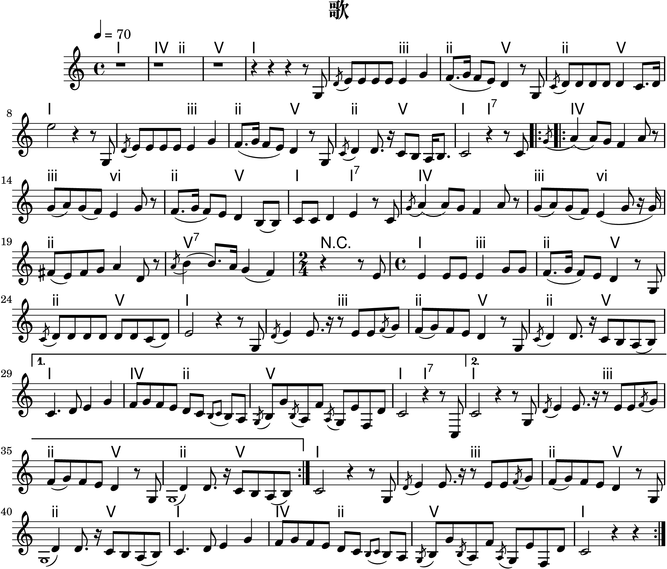 %%%% https://www.yinban.com/tab/sing/6712.html

\version "2.24.0"

\include "etude.ly"
\include "roman-numerals.ly"

common = {
  \key c \major
  \time 4/4
  \tempo 4=70
}

interlude = \fixed c' {
  d8 e4 g
  f8 g f e d c \acciaccatura{b, c} b,8 a,8
  \acciaccatura{g,} b,8 g \acciaccatura{b,} a, f \acciaccatura{a,} g, e f, d
  c2 r4
}

melody = \fixed c' {
  \common

  %1 prelude
  r1 r1 r1

  %4 vocal
  r4 r r r8 g,
  \acciaccatura{d} e8 e e e e4 g
  f8. (g16 f8 e) d4 r8 g,
  \acciaccatura{c} d8 d d d d4 c8. d16
  e'2 r4 r8 g,

  %9
  \acciaccatura{d} e8 e e e e4 g
  f8. (g16 f8 e) d4 r8 g,
  \acciaccatura{c} d4 d8. r16 c8 b, a,16 b,8.
  c2 r4 r8 c8

  %13
  \repeat volta 2 {
    \acciaccatura{g} a4 (a8) g8 f4 a8 r8
    g8 (a) g (f) e4 g8 r
    f8. (g16 f8) e8 d4 b,8 (b,)
    c8 c d4 e r8 c

    %17
    \acciaccatura{g} a4 (a8) g8 f4 a8 r8
    g8 (a) g (f) e4 (g8 r16 g)
    fis8 (e) fis g a4 d8 r8
    \acciaccatura{a} b4 (b8.) a16 g4 (f)

    %21
    \time 2/4
    r4 r8 e
    \time 4/4
    e4 e8 e e4 g8 g
    f8. (g16 f8) e8 d4 r8 g,
    \acciaccatura{c} d8 d d d d d c (d)

    %25
    e2 r4 r8 g,
    \acciaccatura{d} e4 e8. r16 r8 e e \acciaccatura{f} g
    f8 (g) f e d4 r8 g,
    \acciaccatura{c} d4 d8. r16 c8 b, a, (b,)

    \alternative {
      \volta 1 {
        %29
        c4.
        \interlude
        r8 c,
      }

      \volta 2 {
        %33
        c2 r4 r8 g,
        \acciaccatura{d} e4 e8. r16 r8 e e \acciaccatura{f} g
        f8 (g) f e d4 r8 g,
        \acciaccatura{1} d4 d8. r16 c8 b, a, (b,)
      }
    }

    %37
    c2 r4 r8 g,
    \acciaccatura{d} e4 e8. r16 r8 e e \acciaccatura{f} g
    f8 (g) f e d4 r8 g,
    \acciaccatura{1} d4 d8. r16 c8 b, a, (b,)

    %41
    c4.
    \interlude
    r4
  }
}

harmony= \new ChordNames{
  \set chordChanges = ##t
  \chordmode {
    \common

    %1
    c1
    f2 d:m
    g1
    c1

    %5
    c2 e:m
    d2:m g
    d2:m g
    c1

    %9
    c2 e:m
    d2:m g
    d2:m g
    c2 c:7

    %13
    \repeat volta 2 {
      f1
      e2:m a:m
      d2:m g
      c2 c:7

      %17
      f1
      e2:m a:m
      d1:m
      g1:7

      %21
      \time 2/4
      r4 r4
      \time 4/4
      c2: e:m
      d2:m g
      d2:m g

      %25
      c1
      c2: e:m
      d2:m g
      d2:m g

      %29
      \volta 1 {
        c1:
        f2 d:m
        g1
        c2 c:7
      }

      %33
      \volta 2 {
        c1
        c2: e:m
        d2:m g
        d2:m g
      }
    }

    %37
    c1
    c2: e:m
    d2:m g
    d2:m g

    %41
    c1
    f2 d:m
    g1
    c1
  }
}

#(make-etude "歌" #{ $melody #} #{ $harmony #} #{ c #})