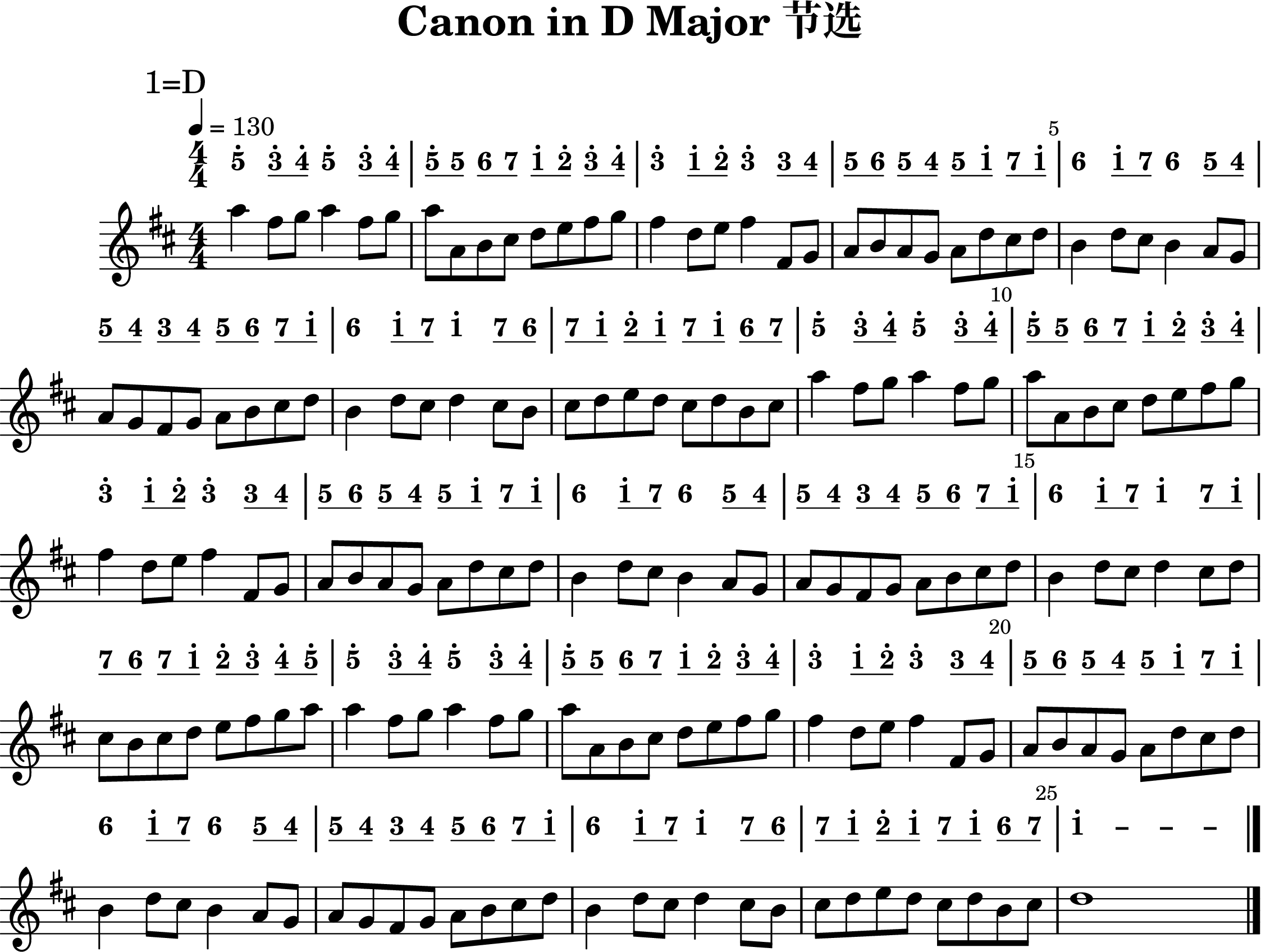 \version "2.20.0"
#(set-global-staff-size 20)

% un-comment the next line to remove Lilypond tagline:
% \header { tagline="" }

\pointAndClickOff

\paper {
  print-all-headers = ##t %% allow per-score headers

  % un-comment the next line for A5:
  % #(set-default-paper-size "a5" )

  % un-comment the next line for no page numbers:
  % print-page-number = ##f

  % un-comment the next 3 lines for a binding edge:
  % two-sided = ##t
  % inner-margin = 20\mm
  % outer-margin = 10\mm

  % un-comment the next line for a more space-saving header layout:
  % scoreTitleMarkup = \markup { \center-column { \fill-line { \magnify #1.5 { \bold { \fromproperty #'header:dedication } } \magnify #1.5 { \bold { \fromproperty #'header:title } } \fromproperty #'header:composer } \fill-line { \fromproperty #'header:instrument \fromproperty #'header:subtitle \smaller{\fromproperty #'header:subsubtitle } } } }
}

%{ The jianpu-ly input was:
% TODO: repeat
% https://www.bilibili.com/video/BV1CM4y1Y7S9

title=Canon in D Major 节选
4=130
1=D
4/4

WithStaff

5' q3' q4' 5' q3' q4'
q5' q5 q6 q7  q1' q2' q3' q4'
3' q1' q2' 3' q3 q4
q5 q6 q5 q4  q5 q1' q7 q1'
6 q1' q7 6 q5 q4
q5 q4 q3 q4  q5 q6 q7 q1'

6 q1' q7 1' q7 q6
q7 q1' q2' q1' q7 q1' q6 q7

%/
5' q3' q4' 5' q3' q4'
q5' q5 q6 q7  q1' q2' q3' q4'
3' q1' q2' 3' q3 q4
q5 q6 q5 q4  q5 q1' q7 q1'
6 q1' q7 6 q5 q4
q5 q4 q3 q4  q5 q6 q7 q1'
%\

6 q1' q7 1' q7 q1'
q7 q6 q7 q1' q2' q3' q4' q5'

%/
5' q3' q4' 5' q3' q4'
q5' q5 q6 q7  q1' q2' q3' q4'
3' q1' q2' 3' q3 q4
q5 q6 q5 q4  q5 q1' q7 q1'
6 q1' q7 6 q5 q4
q5 q4 q3 q4  q5 q6 q7 q1'
%\

%//
6 q1' q7 1' q7 q6
q7 q1' q2' q1' q7 q1' q6 q7
%\\

1' - - -
%}


\score {
<< \override Score.BarNumber #'break-visibility = #center-visible
\override Score.BarNumber #'Y-offset = -1
\set Score.barNumberVisibility = #(every-nth-bar-number-visible 5)

%% === BEGIN JIANPU STAFF ===
    \new RhythmicStaff \with {
    \consists "Accidental_engraver" 
   %% Limit space between Jianpu and corresponding-Western staff
   \override VerticalAxisGroup.staff-staff-spacing = #'((minimum-distance . 7) (basic-distance . 7) (stretchability . 0))

    %% Get rid of the stave but not the barlines:
    \override StaffSymbol #'line-count = #0 %% tested in 2.15.40, 2.16.2, 2.18.0, 2.18.2, 2.20.0 and 2.22.2
    \override BarLine #'bar-extent = #'(-2 . 2) %% LilyPond 2.18: please make barlines as high as the time signature even though we're on a RhythmicStaff (2.16 and 2.15 don't need this although its presence doesn't hurt; Issue 3685 seems to indicate they'll fix it post-2.18)
    }
    { \new Voice="W" {
    \override Beam #'transparent = ##f
    \override Stem #'direction = #DOWN
    \override Tie #'staff-position = #2.5
    \tupletUp
    \override Stem #'length-fraction = #0
    \override Beam #'beam-thickness = #0.1
    \override Beam #'length-fraction = #0.5
    \override Voice.Rest #'style = #'neomensural % this size tends to line up better (we'll override the appearance anyway)
    \override Accidental #'font-size = #-4
    \override TupletBracket #'bracket-visibility = ##t
\set Voice.chordChanges = ##t %% 2.19 bug workaround

    \override Staff.TimeSignature #'style = #'numbered
    \override Staff.Stem #'transparent = ##t
     \tempo 4=130 \mark \markup{1=D} \time 4/4 #(define (note-five grob grob-origin context)
  (if (and (eq? (ly:context-property context 'chordChanges) #t)
      (or (grob::has-interface grob 'note-head-interface)
        (grob::has-interface grob 'rest-interface)))
    (begin
      (ly:grob-set-property! grob 'stencil
        (grob-interpret-markup grob
          (make-lower-markup 0.5 (make-bold-markup "5")))))))
  \applyOutput #'Voice #note-five g''4^.
#(define (note-three grob grob-origin context)
  (if (and (eq? (ly:context-property context 'chordChanges) #t)
      (or (grob::has-interface grob 'note-head-interface)
        (grob::has-interface grob 'rest-interface)))
    (begin
      (ly:grob-set-property! grob 'stencil
        (grob-interpret-markup grob
          (make-lower-markup 0.5 (make-bold-markup "3")))))))
\set stemLeftBeamCount = #0
\set stemRightBeamCount = #1
  \applyOutput #'Voice #note-three e''8[^.
#(define (note-four grob grob-origin context)
  (if (and (eq? (ly:context-property context 'chordChanges) #t)
      (or (grob::has-interface grob 'note-head-interface)
        (grob::has-interface grob 'rest-interface)))
    (begin
      (ly:grob-set-property! grob 'stencil
        (grob-interpret-markup grob
          (make-lower-markup 0.5 (make-bold-markup "4")))))))
\set stemLeftBeamCount = #1
\set stemRightBeamCount = #1
  \applyOutput #'Voice #note-four f''8]^.
  \applyOutput #'Voice #note-five g''4^. \set stemLeftBeamCount = #0
\set stemRightBeamCount = #1
  \applyOutput #'Voice #note-three e''8[^.
\set stemLeftBeamCount = #1
\set stemRightBeamCount = #1
  \applyOutput #'Voice #note-four f''8]^.
| %{ bar 2: %} \set stemLeftBeamCount = #0
\set stemRightBeamCount = #1
  \applyOutput #'Voice #note-five g''8[^.
\set stemLeftBeamCount = #1
\set stemRightBeamCount = #1
  \applyOutput #'Voice #note-five g'8]
#(define (note-six grob grob-origin context)
  (if (and (eq? (ly:context-property context 'chordChanges) #t)
      (or (grob::has-interface grob 'note-head-interface)
        (grob::has-interface grob 'rest-interface)))
    (begin
      (ly:grob-set-property! grob 'stencil
        (grob-interpret-markup grob
          (make-lower-markup 0.5 (make-bold-markup "6")))))))
\set stemLeftBeamCount = #0
\set stemRightBeamCount = #1
  \applyOutput #'Voice #note-six a'8[
#(define (note-seven grob grob-origin context)
  (if (and (eq? (ly:context-property context 'chordChanges) #t)
      (or (grob::has-interface grob 'note-head-interface)
        (grob::has-interface grob 'rest-interface)))
    (begin
      (ly:grob-set-property! grob 'stencil
        (grob-interpret-markup grob
          (make-lower-markup 0.5 (make-bold-markup "7")))))))
\set stemLeftBeamCount = #1
\set stemRightBeamCount = #1
  \applyOutput #'Voice #note-seven b'8]
#(define (note-one grob grob-origin context)
  (if (and (eq? (ly:context-property context 'chordChanges) #t)
      (or (grob::has-interface grob 'note-head-interface)
        (grob::has-interface grob 'rest-interface)))
    (begin
      (ly:grob-set-property! grob 'stencil
        (grob-interpret-markup grob
          (make-lower-markup 0.5 (make-bold-markup "1")))))))
\set stemLeftBeamCount = #0
\set stemRightBeamCount = #1
  \applyOutput #'Voice #note-one c''8[^.
#(define (note-two grob grob-origin context)
  (if (and (eq? (ly:context-property context 'chordChanges) #t)
      (or (grob::has-interface grob 'note-head-interface)
        (grob::has-interface grob 'rest-interface)))
    (begin
      (ly:grob-set-property! grob 'stencil
        (grob-interpret-markup grob
          (make-lower-markup 0.5 (make-bold-markup "2")))))))
\set stemLeftBeamCount = #1
\set stemRightBeamCount = #1
  \applyOutput #'Voice #note-two d''8]^.
\set stemLeftBeamCount = #0
\set stemRightBeamCount = #1
  \applyOutput #'Voice #note-three e''8[^.
\set stemLeftBeamCount = #1
\set stemRightBeamCount = #1
  \applyOutput #'Voice #note-four f''8]^.
| %{ bar 3: %}
  \applyOutput #'Voice #note-three e''4^.
\set stemLeftBeamCount = #0
\set stemRightBeamCount = #1
  \applyOutput #'Voice #note-one c''8[^.
\set stemLeftBeamCount = #1
\set stemRightBeamCount = #1
  \applyOutput #'Voice #note-two d''8]^.
  \applyOutput #'Voice #note-three e''4^. \set stemLeftBeamCount = #0
\set stemRightBeamCount = #1
  \applyOutput #'Voice #note-three e'8[
\set stemLeftBeamCount = #1
\set stemRightBeamCount = #1
  \applyOutput #'Voice #note-four f'8]
| %{ bar 4: %} \set stemLeftBeamCount = #0
\set stemRightBeamCount = #1
  \applyOutput #'Voice #note-five g'8[
\set stemLeftBeamCount = #1
\set stemRightBeamCount = #1
  \applyOutput #'Voice #note-six a'8]
\set stemLeftBeamCount = #0
\set stemRightBeamCount = #1
  \applyOutput #'Voice #note-five g'8[
\set stemLeftBeamCount = #1
\set stemRightBeamCount = #1
  \applyOutput #'Voice #note-four f'8]
\set stemLeftBeamCount = #0
\set stemRightBeamCount = #1
  \applyOutput #'Voice #note-five g'8[
\set stemLeftBeamCount = #1
\set stemRightBeamCount = #1
  \applyOutput #'Voice #note-one c''8]^.
\set stemLeftBeamCount = #0
\set stemRightBeamCount = #1
  \applyOutput #'Voice #note-seven b'8[
\set stemLeftBeamCount = #1
\set stemRightBeamCount = #1
  \applyOutput #'Voice #note-one c''8]^.
| %{ bar 5: %}
  \applyOutput #'Voice #note-six a'4
\set stemLeftBeamCount = #0
\set stemRightBeamCount = #1
  \applyOutput #'Voice #note-one c''8[^.
\set stemLeftBeamCount = #1
\set stemRightBeamCount = #1
  \applyOutput #'Voice #note-seven b'8]
  \applyOutput #'Voice #note-six a'4 \set stemLeftBeamCount = #0
\set stemRightBeamCount = #1
  \applyOutput #'Voice #note-five g'8[
\set stemLeftBeamCount = #1
\set stemRightBeamCount = #1
  \applyOutput #'Voice #note-four f'8]
| %{ bar 6: %} \set stemLeftBeamCount = #0
\set stemRightBeamCount = #1
  \applyOutput #'Voice #note-five g'8[
\set stemLeftBeamCount = #1
\set stemRightBeamCount = #1
  \applyOutput #'Voice #note-four f'8]
\set stemLeftBeamCount = #0
\set stemRightBeamCount = #1
  \applyOutput #'Voice #note-three e'8[
\set stemLeftBeamCount = #1
\set stemRightBeamCount = #1
  \applyOutput #'Voice #note-four f'8]
\set stemLeftBeamCount = #0
\set stemRightBeamCount = #1
  \applyOutput #'Voice #note-five g'8[
\set stemLeftBeamCount = #1
\set stemRightBeamCount = #1
  \applyOutput #'Voice #note-six a'8]
\set stemLeftBeamCount = #0
\set stemRightBeamCount = #1
  \applyOutput #'Voice #note-seven b'8[
\set stemLeftBeamCount = #1
\set stemRightBeamCount = #1
  \applyOutput #'Voice #note-one c''8]^.
| %{ bar 7: %}
  \applyOutput #'Voice #note-six a'4
\set stemLeftBeamCount = #0
\set stemRightBeamCount = #1
  \applyOutput #'Voice #note-one c''8[^.
\set stemLeftBeamCount = #1
\set stemRightBeamCount = #1
  \applyOutput #'Voice #note-seven b'8]
  \applyOutput #'Voice #note-one c''4^. \set stemLeftBeamCount = #0
\set stemRightBeamCount = #1
  \applyOutput #'Voice #note-seven b'8[
\set stemLeftBeamCount = #1
\set stemRightBeamCount = #1
  \applyOutput #'Voice #note-six a'8]
| %{ bar 8: %} \set stemLeftBeamCount = #0
\set stemRightBeamCount = #1
  \applyOutput #'Voice #note-seven b'8[
\set stemLeftBeamCount = #1
\set stemRightBeamCount = #1
  \applyOutput #'Voice #note-one c''8]^.
\set stemLeftBeamCount = #0
\set stemRightBeamCount = #1
  \applyOutput #'Voice #note-two d''8[^.
\set stemLeftBeamCount = #1
\set stemRightBeamCount = #1
  \applyOutput #'Voice #note-one c''8]^.
\set stemLeftBeamCount = #0
\set stemRightBeamCount = #1
  \applyOutput #'Voice #note-seven b'8[
\set stemLeftBeamCount = #1
\set stemRightBeamCount = #1
  \applyOutput #'Voice #note-one c''8]^.
\set stemLeftBeamCount = #0
\set stemRightBeamCount = #1
  \applyOutput #'Voice #note-six a'8[
\set stemLeftBeamCount = #1
\set stemRightBeamCount = #1
  \applyOutput #'Voice #note-seven b'8]
| %{ bar 9: %}
  \applyOutput #'Voice #note-five g''4^.
\set stemLeftBeamCount = #0
\set stemRightBeamCount = #1
  \applyOutput #'Voice #note-three e''8[^.
\set stemLeftBeamCount = #1
\set stemRightBeamCount = #1
  \applyOutput #'Voice #note-four f''8]^.
  \applyOutput #'Voice #note-five g''4^. \set stemLeftBeamCount = #0
\set stemRightBeamCount = #1
  \applyOutput #'Voice #note-three e''8[^.
\set stemLeftBeamCount = #1
\set stemRightBeamCount = #1
  \applyOutput #'Voice #note-four f''8]^.
| %{ bar 10: %} \set stemLeftBeamCount = #0
\set stemRightBeamCount = #1
  \applyOutput #'Voice #note-five g''8[^.
\set stemLeftBeamCount = #1
\set stemRightBeamCount = #1
  \applyOutput #'Voice #note-five g'8]
\set stemLeftBeamCount = #0
\set stemRightBeamCount = #1
  \applyOutput #'Voice #note-six a'8[
\set stemLeftBeamCount = #1
\set stemRightBeamCount = #1
  \applyOutput #'Voice #note-seven b'8]
\set stemLeftBeamCount = #0
\set stemRightBeamCount = #1
  \applyOutput #'Voice #note-one c''8[^.
\set stemLeftBeamCount = #1
\set stemRightBeamCount = #1
  \applyOutput #'Voice #note-two d''8]^.
\set stemLeftBeamCount = #0
\set stemRightBeamCount = #1
  \applyOutput #'Voice #note-three e''8[^.
\set stemLeftBeamCount = #1
\set stemRightBeamCount = #1
  \applyOutput #'Voice #note-four f''8]^.
| %{ bar 11: %}
  \applyOutput #'Voice #note-three e''4^.
\set stemLeftBeamCount = #0
\set stemRightBeamCount = #1
  \applyOutput #'Voice #note-one c''8[^.
\set stemLeftBeamCount = #1
\set stemRightBeamCount = #1
  \applyOutput #'Voice #note-two d''8]^.
  \applyOutput #'Voice #note-three e''4^. \set stemLeftBeamCount = #0
\set stemRightBeamCount = #1
  \applyOutput #'Voice #note-three e'8[
\set stemLeftBeamCount = #1
\set stemRightBeamCount = #1
  \applyOutput #'Voice #note-four f'8]
| %{ bar 12: %} \set stemLeftBeamCount = #0
\set stemRightBeamCount = #1
  \applyOutput #'Voice #note-five g'8[
\set stemLeftBeamCount = #1
\set stemRightBeamCount = #1
  \applyOutput #'Voice #note-six a'8]
\set stemLeftBeamCount = #0
\set stemRightBeamCount = #1
  \applyOutput #'Voice #note-five g'8[
\set stemLeftBeamCount = #1
\set stemRightBeamCount = #1
  \applyOutput #'Voice #note-four f'8]
\set stemLeftBeamCount = #0
\set stemRightBeamCount = #1
  \applyOutput #'Voice #note-five g'8[
\set stemLeftBeamCount = #1
\set stemRightBeamCount = #1
  \applyOutput #'Voice #note-one c''8]^.
\set stemLeftBeamCount = #0
\set stemRightBeamCount = #1
  \applyOutput #'Voice #note-seven b'8[
\set stemLeftBeamCount = #1
\set stemRightBeamCount = #1
  \applyOutput #'Voice #note-one c''8]^.
| %{ bar 13: %}
  \applyOutput #'Voice #note-six a'4
\set stemLeftBeamCount = #0
\set stemRightBeamCount = #1
  \applyOutput #'Voice #note-one c''8[^.
\set stemLeftBeamCount = #1
\set stemRightBeamCount = #1
  \applyOutput #'Voice #note-seven b'8]
  \applyOutput #'Voice #note-six a'4 \set stemLeftBeamCount = #0
\set stemRightBeamCount = #1
  \applyOutput #'Voice #note-five g'8[
\set stemLeftBeamCount = #1
\set stemRightBeamCount = #1
  \applyOutput #'Voice #note-four f'8]
| %{ bar 14: %} \set stemLeftBeamCount = #0
\set stemRightBeamCount = #1
  \applyOutput #'Voice #note-five g'8[
\set stemLeftBeamCount = #1
\set stemRightBeamCount = #1
  \applyOutput #'Voice #note-four f'8]
\set stemLeftBeamCount = #0
\set stemRightBeamCount = #1
  \applyOutput #'Voice #note-three e'8[
\set stemLeftBeamCount = #1
\set stemRightBeamCount = #1
  \applyOutput #'Voice #note-four f'8]
\set stemLeftBeamCount = #0
\set stemRightBeamCount = #1
  \applyOutput #'Voice #note-five g'8[
\set stemLeftBeamCount = #1
\set stemRightBeamCount = #1
  \applyOutput #'Voice #note-six a'8]
\set stemLeftBeamCount = #0
\set stemRightBeamCount = #1
  \applyOutput #'Voice #note-seven b'8[
\set stemLeftBeamCount = #1
\set stemRightBeamCount = #1
  \applyOutput #'Voice #note-one c''8]^.
| %{ bar 15: %}
  \applyOutput #'Voice #note-six a'4
\set stemLeftBeamCount = #0
\set stemRightBeamCount = #1
  \applyOutput #'Voice #note-one c''8[^.
\set stemLeftBeamCount = #1
\set stemRightBeamCount = #1
  \applyOutput #'Voice #note-seven b'8]
  \applyOutput #'Voice #note-one c''4^. \set stemLeftBeamCount = #0
\set stemRightBeamCount = #1
  \applyOutput #'Voice #note-seven b'8[
\set stemLeftBeamCount = #1
\set stemRightBeamCount = #1
  \applyOutput #'Voice #note-one c''8]^.
| %{ bar 16: %} \set stemLeftBeamCount = #0
\set stemRightBeamCount = #1
  \applyOutput #'Voice #note-seven b'8[
\set stemLeftBeamCount = #1
\set stemRightBeamCount = #1
  \applyOutput #'Voice #note-six a'8]
\set stemLeftBeamCount = #0
\set stemRightBeamCount = #1
  \applyOutput #'Voice #note-seven b'8[
\set stemLeftBeamCount = #1
\set stemRightBeamCount = #1
  \applyOutput #'Voice #note-one c''8]^.
\set stemLeftBeamCount = #0
\set stemRightBeamCount = #1
  \applyOutput #'Voice #note-two d''8[^.
\set stemLeftBeamCount = #1
\set stemRightBeamCount = #1
  \applyOutput #'Voice #note-three e''8]^.
\set stemLeftBeamCount = #0
\set stemRightBeamCount = #1
  \applyOutput #'Voice #note-four f''8[^.
\set stemLeftBeamCount = #1
\set stemRightBeamCount = #1
  \applyOutput #'Voice #note-five g''8]^.
| %{ bar 17: %}
  \applyOutput #'Voice #note-five g''4^.
\set stemLeftBeamCount = #0
\set stemRightBeamCount = #1
  \applyOutput #'Voice #note-three e''8[^.
\set stemLeftBeamCount = #1
\set stemRightBeamCount = #1
  \applyOutput #'Voice #note-four f''8]^.
  \applyOutput #'Voice #note-five g''4^. \set stemLeftBeamCount = #0
\set stemRightBeamCount = #1
  \applyOutput #'Voice #note-three e''8[^.
\set stemLeftBeamCount = #1
\set stemRightBeamCount = #1
  \applyOutput #'Voice #note-four f''8]^.
| %{ bar 18: %} \set stemLeftBeamCount = #0
\set stemRightBeamCount = #1
  \applyOutput #'Voice #note-five g''8[^.
\set stemLeftBeamCount = #1
\set stemRightBeamCount = #1
  \applyOutput #'Voice #note-five g'8]
\set stemLeftBeamCount = #0
\set stemRightBeamCount = #1
  \applyOutput #'Voice #note-six a'8[
\set stemLeftBeamCount = #1
\set stemRightBeamCount = #1
  \applyOutput #'Voice #note-seven b'8]
\set stemLeftBeamCount = #0
\set stemRightBeamCount = #1
  \applyOutput #'Voice #note-one c''8[^.
\set stemLeftBeamCount = #1
\set stemRightBeamCount = #1
  \applyOutput #'Voice #note-two d''8]^.
\set stemLeftBeamCount = #0
\set stemRightBeamCount = #1
  \applyOutput #'Voice #note-three e''8[^.
\set stemLeftBeamCount = #1
\set stemRightBeamCount = #1
  \applyOutput #'Voice #note-four f''8]^.
| %{ bar 19: %}
  \applyOutput #'Voice #note-three e''4^.
\set stemLeftBeamCount = #0
\set stemRightBeamCount = #1
  \applyOutput #'Voice #note-one c''8[^.
\set stemLeftBeamCount = #1
\set stemRightBeamCount = #1
  \applyOutput #'Voice #note-two d''8]^.
  \applyOutput #'Voice #note-three e''4^. \set stemLeftBeamCount = #0
\set stemRightBeamCount = #1
  \applyOutput #'Voice #note-three e'8[
\set stemLeftBeamCount = #1
\set stemRightBeamCount = #1
  \applyOutput #'Voice #note-four f'8]
| %{ bar 20: %} \set stemLeftBeamCount = #0
\set stemRightBeamCount = #1
  \applyOutput #'Voice #note-five g'8[
\set stemLeftBeamCount = #1
\set stemRightBeamCount = #1
  \applyOutput #'Voice #note-six a'8]
\set stemLeftBeamCount = #0
\set stemRightBeamCount = #1
  \applyOutput #'Voice #note-five g'8[
\set stemLeftBeamCount = #1
\set stemRightBeamCount = #1
  \applyOutput #'Voice #note-four f'8]
\set stemLeftBeamCount = #0
\set stemRightBeamCount = #1
  \applyOutput #'Voice #note-five g'8[
\set stemLeftBeamCount = #1
\set stemRightBeamCount = #1
  \applyOutput #'Voice #note-one c''8]^.
\set stemLeftBeamCount = #0
\set stemRightBeamCount = #1
  \applyOutput #'Voice #note-seven b'8[
\set stemLeftBeamCount = #1
\set stemRightBeamCount = #1
  \applyOutput #'Voice #note-one c''8]^.
| %{ bar 21: %}
  \applyOutput #'Voice #note-six a'4
\set stemLeftBeamCount = #0
\set stemRightBeamCount = #1
  \applyOutput #'Voice #note-one c''8[^.
\set stemLeftBeamCount = #1
\set stemRightBeamCount = #1
  \applyOutput #'Voice #note-seven b'8]
  \applyOutput #'Voice #note-six a'4 \set stemLeftBeamCount = #0
\set stemRightBeamCount = #1
  \applyOutput #'Voice #note-five g'8[
\set stemLeftBeamCount = #1
\set stemRightBeamCount = #1
  \applyOutput #'Voice #note-four f'8]
| %{ bar 22: %} \set stemLeftBeamCount = #0
\set stemRightBeamCount = #1
  \applyOutput #'Voice #note-five g'8[
\set stemLeftBeamCount = #1
\set stemRightBeamCount = #1
  \applyOutput #'Voice #note-four f'8]
\set stemLeftBeamCount = #0
\set stemRightBeamCount = #1
  \applyOutput #'Voice #note-three e'8[
\set stemLeftBeamCount = #1
\set stemRightBeamCount = #1
  \applyOutput #'Voice #note-four f'8]
\set stemLeftBeamCount = #0
\set stemRightBeamCount = #1
  \applyOutput #'Voice #note-five g'8[
\set stemLeftBeamCount = #1
\set stemRightBeamCount = #1
  \applyOutput #'Voice #note-six a'8]
\set stemLeftBeamCount = #0
\set stemRightBeamCount = #1
  \applyOutput #'Voice #note-seven b'8[
\set stemLeftBeamCount = #1
\set stemRightBeamCount = #1
  \applyOutput #'Voice #note-one c''8]^.
| %{ bar 23: %}
  \applyOutput #'Voice #note-six a'4
\set stemLeftBeamCount = #0
\set stemRightBeamCount = #1
  \applyOutput #'Voice #note-one c''8[^.
\set stemLeftBeamCount = #1
\set stemRightBeamCount = #1
  \applyOutput #'Voice #note-seven b'8]
  \applyOutput #'Voice #note-one c''4^. \set stemLeftBeamCount = #0
\set stemRightBeamCount = #1
  \applyOutput #'Voice #note-seven b'8[
\set stemLeftBeamCount = #1
\set stemRightBeamCount = #1
  \applyOutput #'Voice #note-six a'8]
| %{ bar 24: %} \set stemLeftBeamCount = #0
\set stemRightBeamCount = #1
  \applyOutput #'Voice #note-seven b'8[
\set stemLeftBeamCount = #1
\set stemRightBeamCount = #1
  \applyOutput #'Voice #note-one c''8]^.
\set stemLeftBeamCount = #0
\set stemRightBeamCount = #1
  \applyOutput #'Voice #note-two d''8[^.
\set stemLeftBeamCount = #1
\set stemRightBeamCount = #1
  \applyOutput #'Voice #note-one c''8]^.
\set stemLeftBeamCount = #0
\set stemRightBeamCount = #1
  \applyOutput #'Voice #note-seven b'8[
\set stemLeftBeamCount = #1
\set stemRightBeamCount = #1
  \applyOutput #'Voice #note-one c''8]^.
\set stemLeftBeamCount = #0
\set stemRightBeamCount = #1
  \applyOutput #'Voice #note-six a'8[
\set stemLeftBeamCount = #1
\set stemRightBeamCount = #1
  \applyOutput #'Voice #note-seven b'8]
\once \override Tie #'transparent = ##t \once \override Tie #'staff-position = #0 | %{ bar 25: %}
  \applyOutput #'Voice #note-one c''4^.
 ~ \once \override Tie #'transparent = ##t \once \override Tie #'staff-position = #0 #(define (note-dashone grob grob-origin context)
  (if (and (eq? (ly:context-property context 'chordChanges) #t)
      (or (grob::has-interface grob 'note-head-interface)
        (grob::has-interface grob 'rest-interface)))
    (begin
      (ly:grob-set-property! grob 'stencil
        (grob-interpret-markup grob
          (make-lower-markup 0.5 (make-bold-markup "–")))))))
  \applyOutput #'Voice #note-dashone c''4
 ~ \once \override Tie #'transparent = ##t \once \override Tie #'staff-position = #0   \applyOutput #'Voice #note-dashone c''4
 ~   \applyOutput #'Voice #note-dashone c''4 \bar "|." } }
% === END JIANPU STAFF ===


%% === BEGIN 5-LINE STAFF ===
    \new Staff {
    \override Score.SystemStartBar.collapse-height = #11 % (needed on 2.22)
    \new Voice="X" {
    #(set-accidental-style 'modern-cautionary)
    \override Staff.TimeSignature #'style = #'numbered
    \set Voice.chordChanges = ##f % for 2.19.82 bug workaround
 \tempo 4=130 \transpose c d { \key c \major  \time 4/4 g''4 e''8 f''8 g''4 e''8 f''8 | %{ bar 2: %} g''8 g'8 a'8 b'8 c''8 d''8 e''8 f''8 | %{ bar 3: %} e''4 c''8 d''8 e''4 e'8 f'8 | %{ bar 4: %} g'8 a'8 g'8 f'8 g'8 c''8 b'8 c''8 | %{ bar 5: %} a'4 c''8 b'8 a'4 g'8 f'8 | %{ bar 6: %} g'8 f'8 e'8 f'8 g'8 a'8 b'8 c''8 | %{ bar 7: %} a'4 c''8 b'8 c''4 b'8 a'8 | %{ bar 8: %} b'8 c''8 d''8 c''8 b'8 c''8 a'8 b'8 | %{ bar 9: %} g''4 e''8 f''8 g''4 e''8 f''8 | %{ bar 10: %} g''8 g'8 a'8 b'8 c''8 d''8 e''8 f''8 | %{ bar 11: %} e''4 c''8 d''8 e''4 e'8 f'8 | %{ bar 12: %} g'8 a'8 g'8 f'8 g'8 c''8 b'8 c''8 | %{ bar 13: %} a'4 c''8 b'8 a'4 g'8 f'8 | %{ bar 14: %} g'8 f'8 e'8 f'8 g'8 a'8 b'8 c''8 | %{ bar 15: %} a'4 c''8 b'8 c''4 b'8 c''8 | %{ bar 16: %} b'8 a'8 b'8 c''8 d''8 e''8 f''8 g''8 | %{ bar 17: %} g''4 e''8 f''8 g''4 e''8 f''8 | %{ bar 18: %} g''8 g'8 a'8 b'8 c''8 d''8 e''8 f''8 | %{ bar 19: %} e''4 c''8 d''8 e''4 e'8 f'8 | %{ bar 20: %} g'8 a'8 g'8 f'8 g'8 c''8 b'8 c''8 | %{ bar 21: %} a'4 c''8 b'8 a'4 g'8 f'8 | %{ bar 22: %} g'8 f'8 e'8 f'8 g'8 a'8 b'8 c''8 | %{ bar 23: %} a'4 c''8 b'8 c''4 b'8 a'8 | %{ bar 24: %} b'8 c''8 d''8 c''8 b'8 c''8 a'8 b'8 | %{ bar 25: %} c''1 } \bar "|." } }
% === END 5-LINE STAFF ===

>>
\header{
title="Canon in D Major 节选"
}
\layout{} }
\score {
\unfoldRepeats
<< 

% === BEGIN MIDI STAFF ===
    \new Staff { \new Voice="Y" { \tempo 4=130 \transpose c d { \key c \major  \time 4/4 g''4 e''8 f''8 g''4 e''8 f''8 | %{ bar 2: %} g''8 g'8 a'8 b'8 c''8 d''8 e''8 f''8 | %{ bar 3: %} e''4 c''8 d''8 e''4 e'8 f'8 | %{ bar 4: %} g'8 a'8 g'8 f'8 g'8 c''8 b'8 c''8 | %{ bar 5: %} a'4 c''8 b'8 a'4 g'8 f'8 | %{ bar 6: %} g'8 f'8 e'8 f'8 g'8 a'8 b'8 c''8 | %{ bar 7: %} a'4 c''8 b'8 c''4 b'8 a'8 | %{ bar 8: %} b'8 c''8 d''8 c''8 b'8 c''8 a'8 b'8 | %{ bar 9: %} g''4 e''8 f''8 g''4 e''8 f''8 | %{ bar 10: %} g''8 g'8 a'8 b'8 c''8 d''8 e''8 f''8 | %{ bar 11: %} e''4 c''8 d''8 e''4 e'8 f'8 | %{ bar 12: %} g'8 a'8 g'8 f'8 g'8 c''8 b'8 c''8 | %{ bar 13: %} a'4 c''8 b'8 a'4 g'8 f'8 | %{ bar 14: %} g'8 f'8 e'8 f'8 g'8 a'8 b'8 c''8 | %{ bar 15: %} a'4 c''8 b'8 c''4 b'8 c''8 | %{ bar 16: %} b'8 a'8 b'8 c''8 d''8 e''8 f''8 g''8 | %{ bar 17: %} g''4 e''8 f''8 g''4 e''8 f''8 | %{ bar 18: %} g''8 g'8 a'8 b'8 c''8 d''8 e''8 f''8 | %{ bar 19: %} e''4 c''8 d''8 e''4 e'8 f'8 | %{ bar 20: %} g'8 a'8 g'8 f'8 g'8 c''8 b'8 c''8 | %{ bar 21: %} a'4 c''8 b'8 a'4 g'8 f'8 | %{ bar 22: %} g'8 f'8 e'8 f'8 g'8 a'8 b'8 c''8 | %{ bar 23: %} a'4 c''8 b'8 c''4 b'8 a'8 | %{ bar 24: %} b'8 c''8 d''8 c''8 b'8 c''8 a'8 b'8 | %{ bar 25: %} c''1 } } }
% === END MIDI STAFF ===

>>
\header{
title="Canon in D Major 节选"
}
\midi { \context { \Score tempoWholesPerMinute = #(ly:make-moment 84 4)}} }