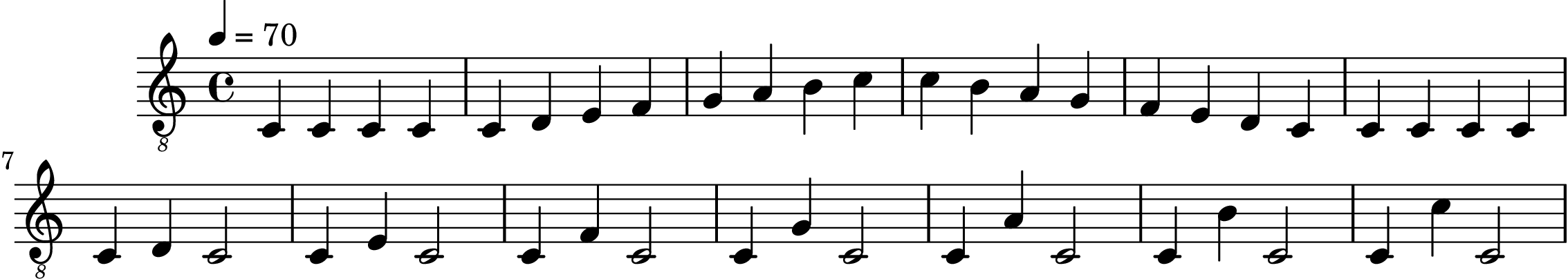 \version "2.20.0"

symbols =  {
  \time 4/4
  \tempo 4 = 70

  c4 c c c
 
  c4 d e f
  g4 a b c'

  c'4 b a g
  f4 e d c

  c4 c c c

  c4 d c2
  c4 e c2
  c4 f c2
  c4 g c2
  c4 a c2
  c4 b c2
  c4 c' c2
}

\score {
  <<
    \new Staff \with {midiInstrument = "acoustic guitar (nylon)"} {
      \clef "G_8"
      \symbols
    }
  >>

  \midi { }
  \layout { }
}