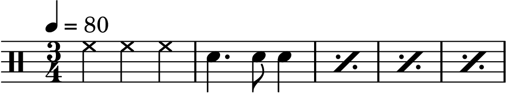 \version "2.20.0"

main = {
   \drums {
      \tempo 4 = 80
      \time 3/4

      <<
      {
         % 镲，预备
         
            hh4 hh hh
         

         % 节奏开始，重复 4 次
         \repeat percent 4 {
            sn4. sn8 sn4
            
         }
      }
      >>
   }
}

\score {
   \main \layout{}
}
\score {
   % https://lilypond.org/doc/v2.24/Documentation/notation/using-repeats-with-midi
   \unfoldRepeats { \main } \midi{}
}