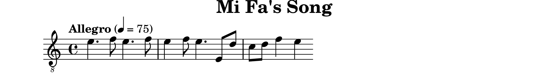\version "2.20.0"
 \header {
   title = "Mi Fa's Song"
   copyright = "SilverRainZ"
 }

 symbols =  {
   \time 4/4
   \tempo  "Allegro" 4 = 75

    %1
    e'4. f'8 e'4. f'8
    e'4 f'8 e'4. e8 d'
    c'8 d' f'4 e'4
}

 \score {
   <<
     \new Staff \with {midiInstrument = "acoustic guitar (nylon)"} {
       \clef "G_8"
       \symbols
     }
     % \new TabStaff {
     %   \tabFullNotation
     %   \symbols
     % }
   >>

   \midi { }
   \layout { }
 }