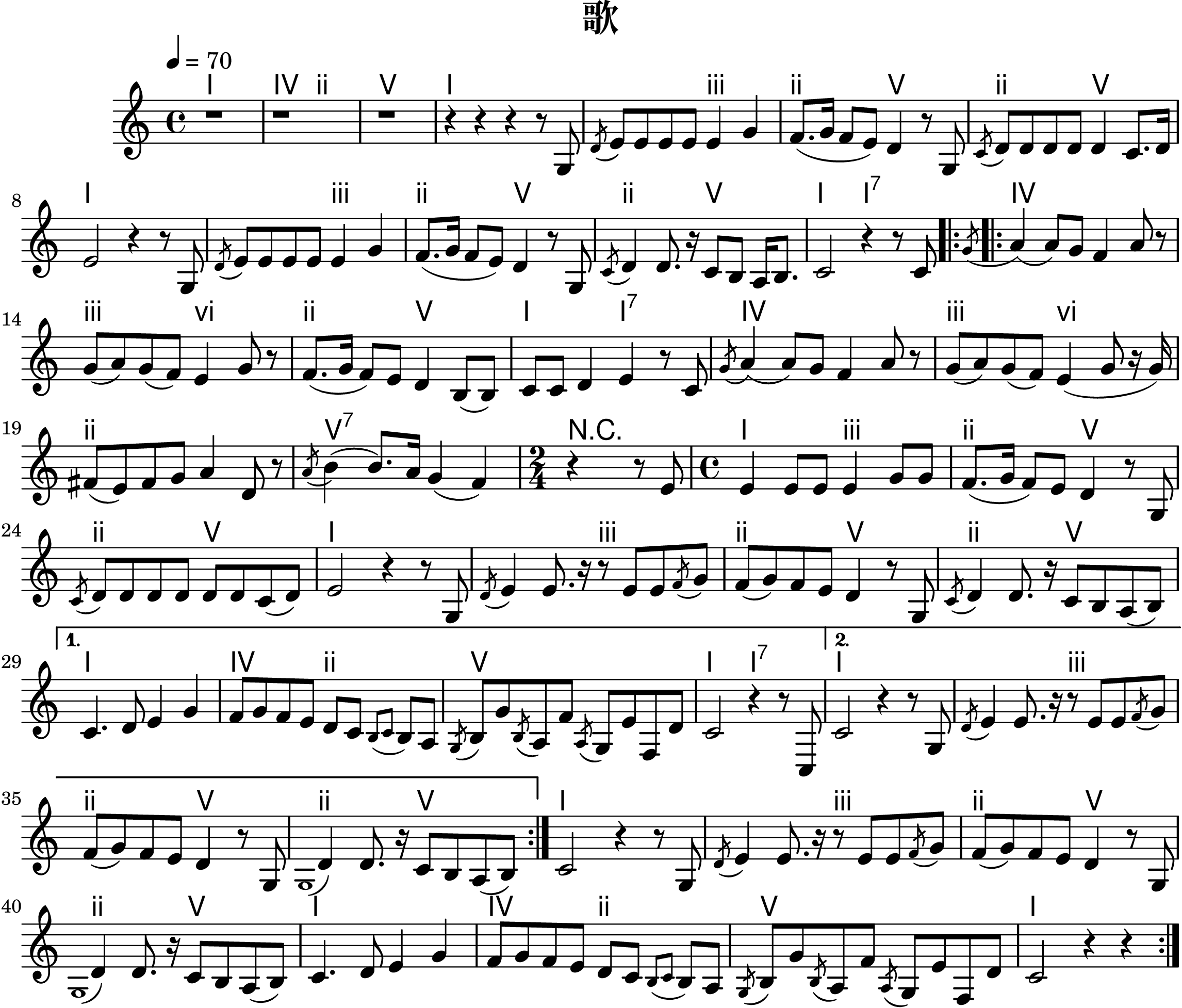 %%%% https://www.yinban.com/tab/sing/6712.html

\version "2.24.0"

\include "etude.ly"
\include "roman-numerals.ly"

common = {
  \key c \major
  \time 4/4
  \tempo 4=70
}

interlude = \fixed c' {
  d8 e4 g
  f8 g f e d c \acciaccatura{b, c} b,8 a,8
  \acciaccatura{g,} b,8 g \acciaccatura{b,} a, f \acciaccatura{a,} g, e f, d
  c2 r4
}

melody = \fixed c' {
  \common

  %1 prelude
  r1 r1 r1

  %4 vocal
  r4 r r r8 g,
  \acciaccatura{d} e8 e e e e4 g
  f8. (g16 f8 e) d4 r8 g,
  \acciaccatura{c} d8 d d d d4 c8. d16
  e2 r4 r8 g,

  %9
  \acciaccatura{d} e8 e e e e4 g
  f8. (g16 f8 e) d4 r8 g,
  \acciaccatura{c} d4 d8. r16 c8 b, a,16 b,8.
  c2 r4 r8 c8

  %13
  \repeat volta 2 {
    \acciaccatura{g} a4 (a8) g8 f4 a8 r8
    g8 (a) g (f) e4 g8 r
    f8. (g16 f8) e8 d4 b,8 (b,)
    c8 c d4 e r8 c

    %17
    \acciaccatura{g} a4 (a8) g8 f4 a8 r8
    g8 (a) g (f) e4 (g8 r16 g)
    fis8 (e) fis g a4 d8 r8
    \acciaccatura{a} b4 (b8.) a16 g4 (f)

    %21
    \time 2/4
    r4 r8 e
    \time 4/4
    e4 e8 e e4 g8 g
    f8. (g16 f8) e8 d4 r8 g,
    \acciaccatura{c} d8 d d d d d c (d)

    %25
    e2 r4 r8 g,
    \acciaccatura{d} e4 e8. r16 r8 e e \acciaccatura{f} g
    f8 (g) f e d4 r8 g,
    \acciaccatura{c} d4 d8. r16 c8 b, a, (b,)

    \alternative {
      \volta 1 {
        %29
        c4.
        \interlude
        r8 c,
      }

      \volta 2 {
        %33
        c2 r4 r8 g,
        \acciaccatura{d} e4 e8. r16 r8 e e \acciaccatura{f} g
        f8 (g) f e d4 r8 g,
        \acciaccatura{1} d4 d8. r16 c8 b, a, (b,)
      }
    }

    %37
    c2 r4 r8 g,
    \acciaccatura{d} e4 e8. r16 r8 e e \acciaccatura{f} g
    f8 (g) f e d4 r8 g,
    \acciaccatura{1} d4 d8. r16 c8 b, a, (b,)

    %41
    c4.
    \interlude
    r4
  }
}

harmony= \new ChordNames{
  \set chordChanges = ##t
  \chordmode {
    \common

    %1
    c1
    f2 d:m
    g1
    c1

    %5
    c2 e:m
    d2:m g
    d2:m g
    c1

    %9
    c2 e:m
    d2:m g
    d2:m g
    c2 c:7

    %13
    \repeat volta 2 {
      f1
      e2:m a:m
      d2:m g
      c2 c:7

      %17
      f1
      e2:m a:m
      d1:m
      g1:7

      %21
      \time 2/4
      r4 r4
      \time 4/4
      c2: e:m
      d2:m g
      d2:m g

      %25
      c1
      c2: e:m
      d2:m g
      d2:m g

      %29
      \volta 1 {
        c1:
        f2 d:m
        g1
        c2 c:7
      }

      %33
      \volta 2 {
        c1
        c2: e:m
        d2:m g
        d2:m g
      }
    }

    %37
    c1
    c2: e:m
    d2:m g
    d2:m g

    %41
    c1
    f2 d:m
    g1
    c1
  }
}

#(make-etude "歌" #{ $melody #} #{ $harmony #} #{ c #})