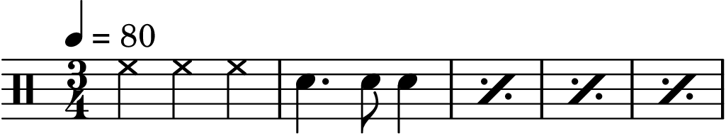 \version "2.20.0"

main = {
   \drums {
      \tempo 4 = 80
      \time 3/4

      <<
      {
         % 镲，预备

            hh4 hh hh


         % 节奏开始，重复 4 次
         \repeat percent 4 {
            sn4. sn8 sn4

         }
      }
      >>
   }
}

\score {
   \main \layout{}
}
\score {
   % https://lilypond.org/doc/v2.24/Documentation/notation/using-repeats-with-midi
   \unfoldRepeats { \main } \midi{}
}