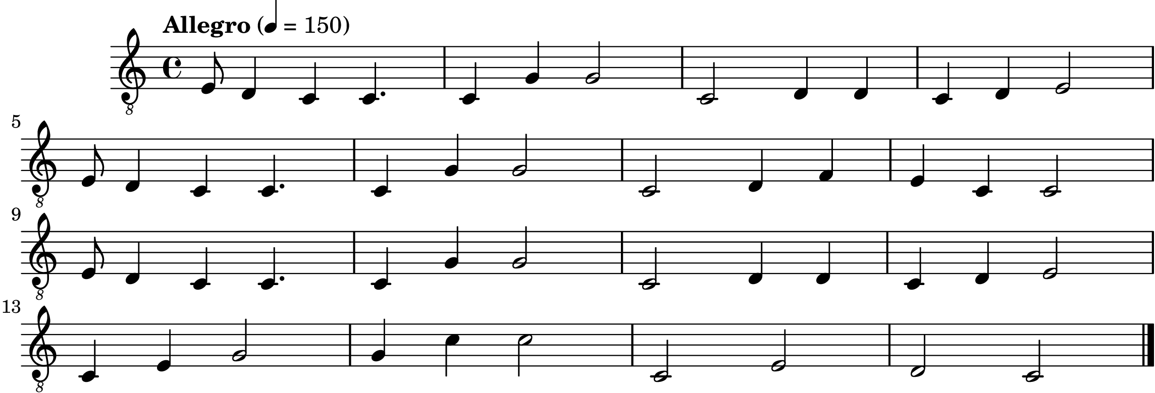 \version "2.24.0"

symbols =  {
  \time 4/4
  \tempo  "Allegro" 4 = 150

  e8 d4 c4 c4.
  c4 g g2
  c2 d4 d
  c4 d e2
  \break

  e8 d4 c4 c4.
  c4 g g2
  c2 d4 f
  e4 c c2
  \break

  e8 d4 c4 c4.
  c4 g g2
  c2 d4 d
  c4 d e2
  \break

  c4 e g2
  g4 c' c'2
  c2 e
  d2 c

  \bar "|."
}

\score {
  <<
    \new Staff \with {midiInstrument = "acoustic guitar (nylon)"} {
      \clef "G_8"
      \symbols
    }
    % \new TabStaff {
    %   \tabFullNotation
    %   \symbols
    % }
  >>

  \midi { }
  \layout { }
}